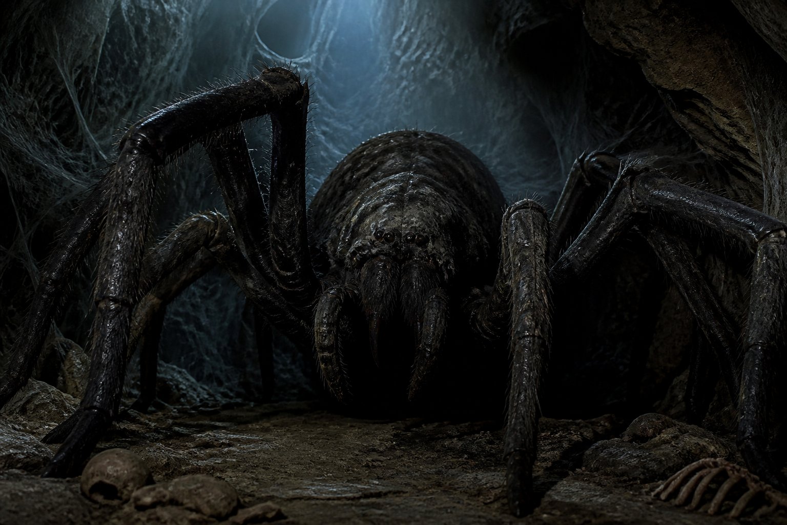 A large spider with multiple glowing eyes in a dark cave surrounded by spider webs.
