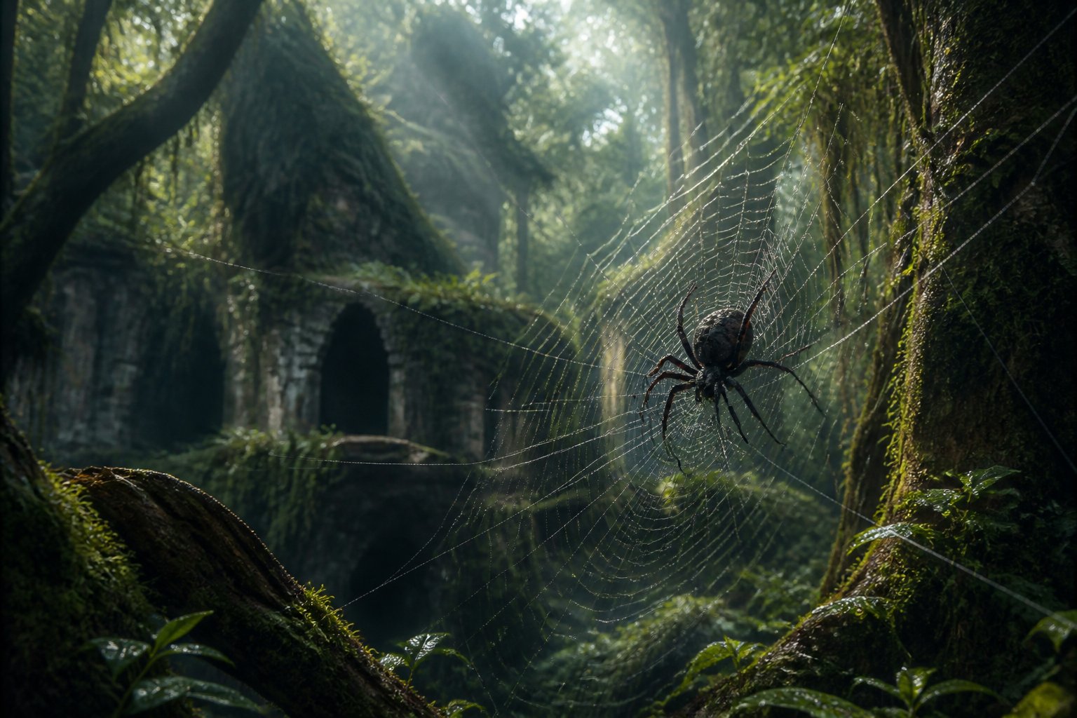 A large spider sitting on its web in a dense, ancient forest with sunlight filtering through the trees and hints of ruins in the background.