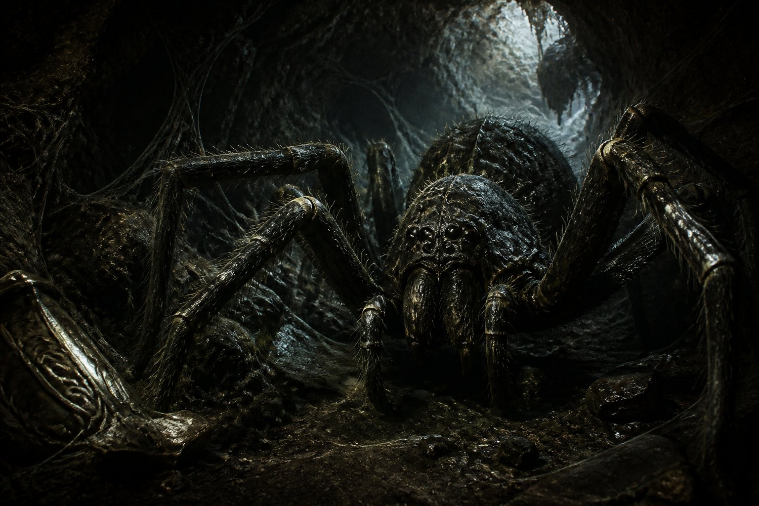 A large spider with multiple glowing eyes sitting in a dark cave covered with webs.
