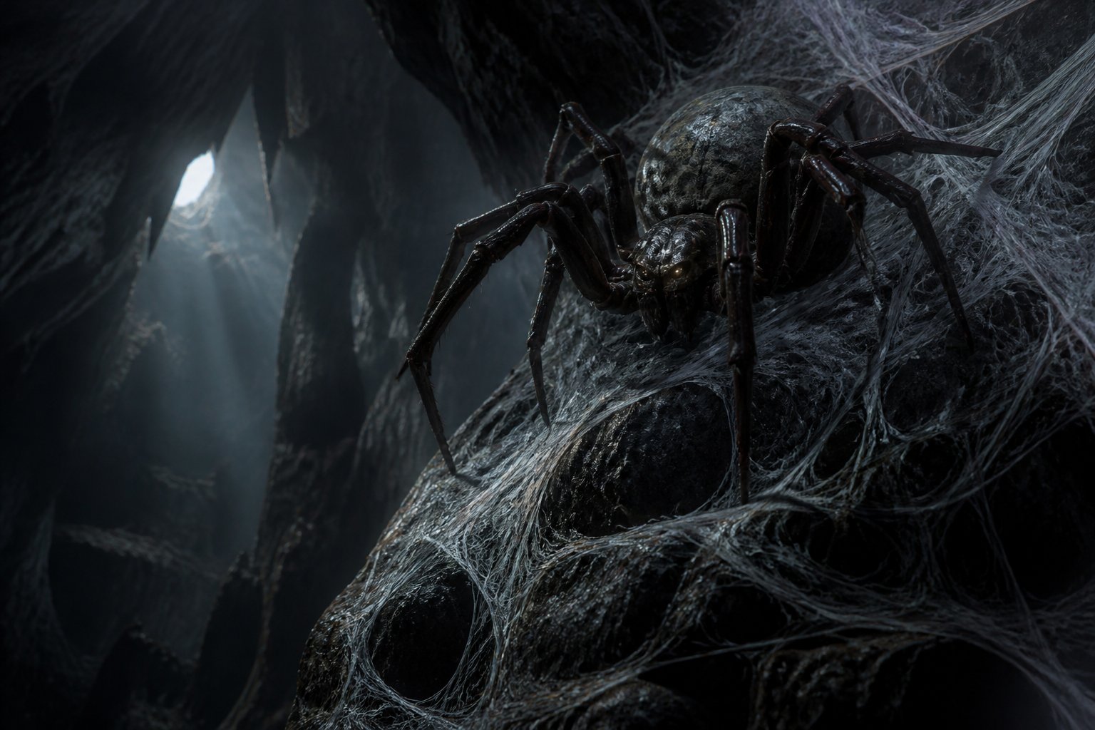 A large spider sitting on a rocky cave wall covered with thick webs in a dimly lit cave.