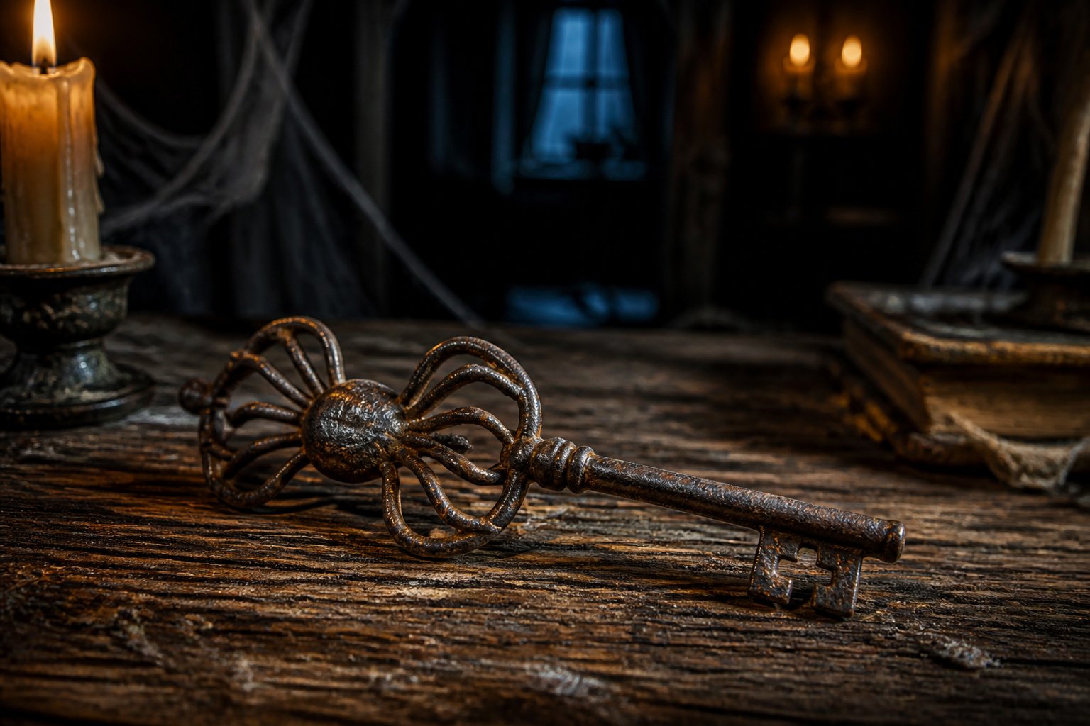 A spider-shaped rusty key lying on a wooden table in a dimly lit, shadowy room with cobwebs.