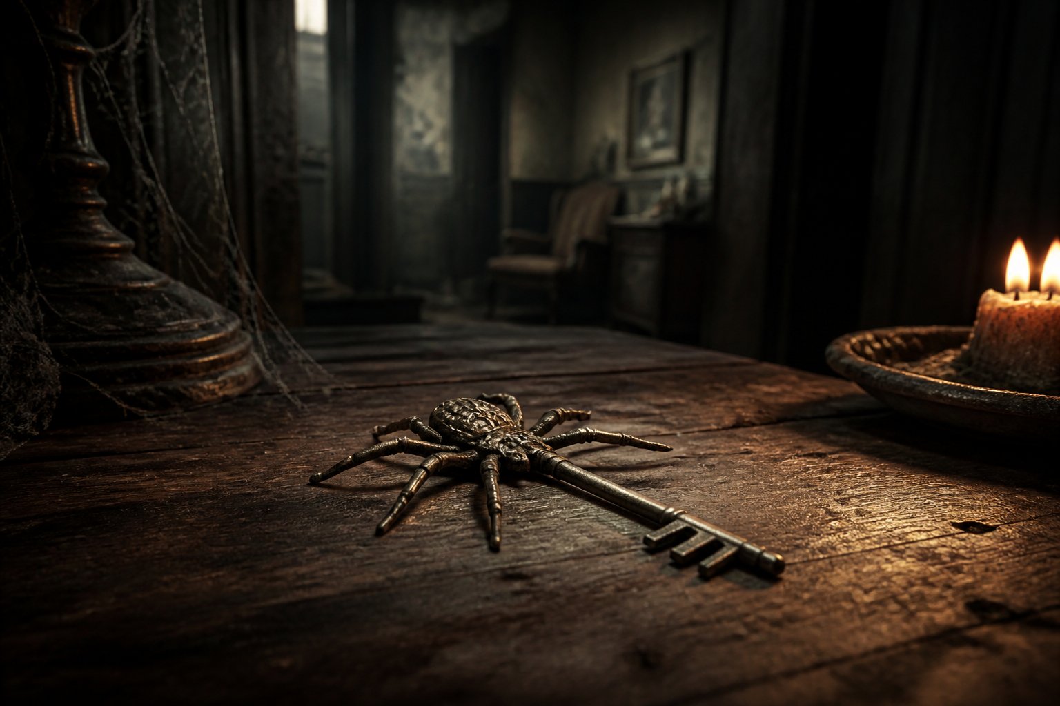 A spider-shaped key lying on a wooden table in a dimly lit, old house interior with cobwebs and flickering candlelight.