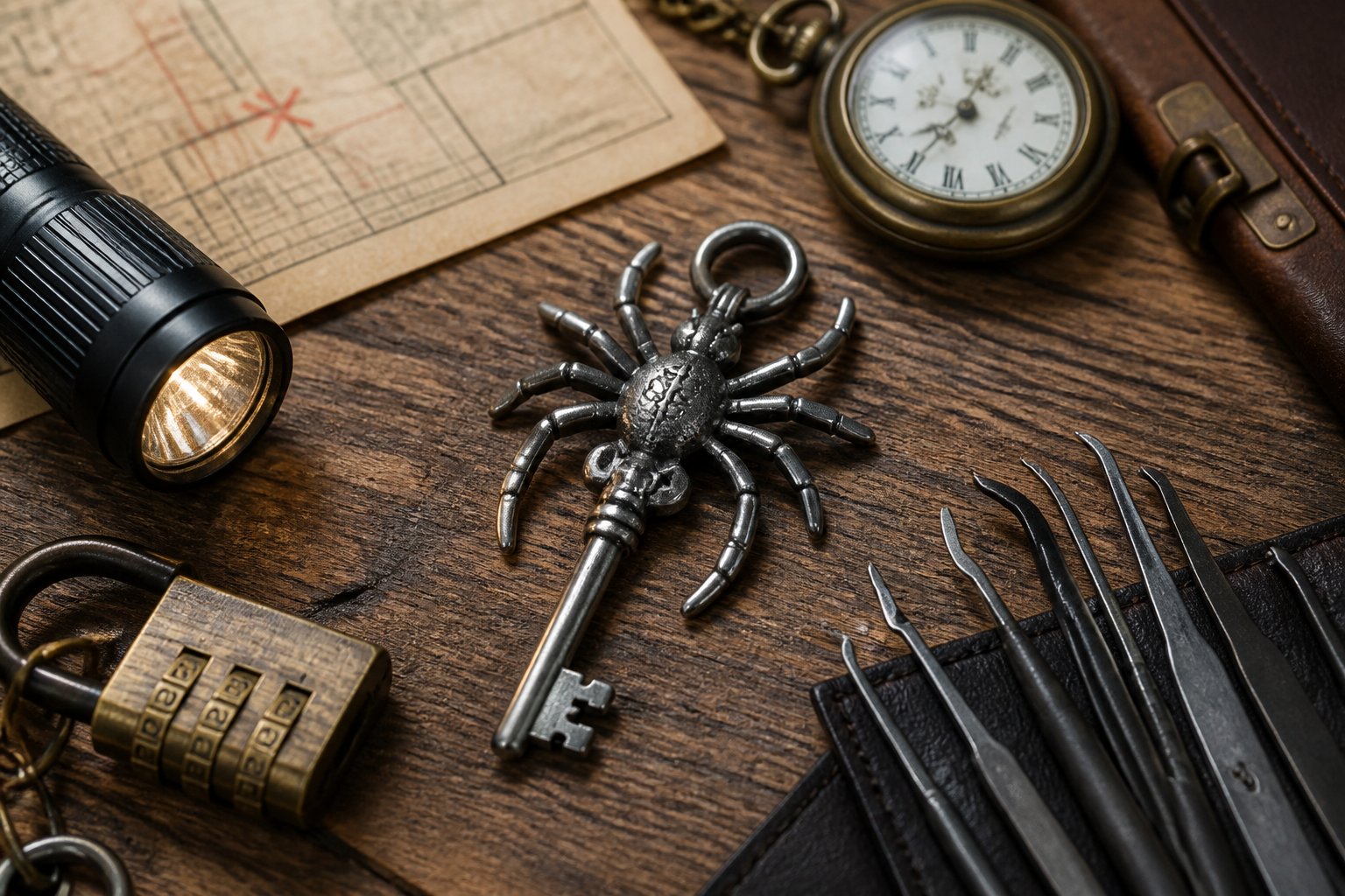 Close-up of a spider-shaped key on a wooden table surrounded by escape-themed items like a flashlight, map, pocket watch, and lockpick set.