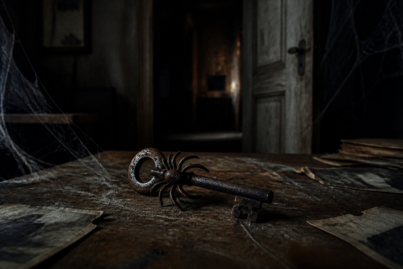 A spider-shaped key resting on a dusty wooden table inside a dimly lit old house with cobwebs and shadows in the background.