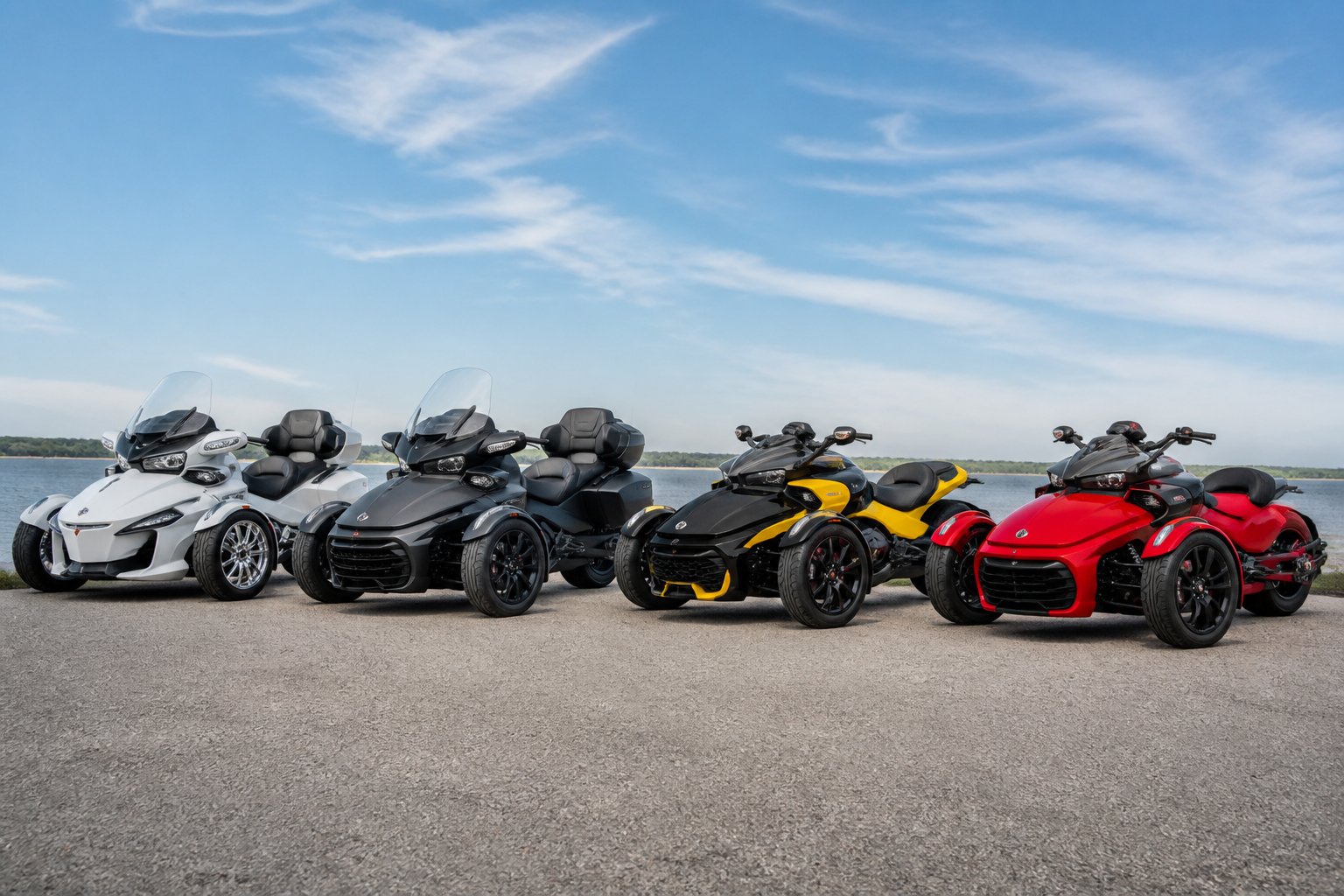 A lineup of different Can-Am Spyder three-wheeled motorcycles parked side by side outdoors.