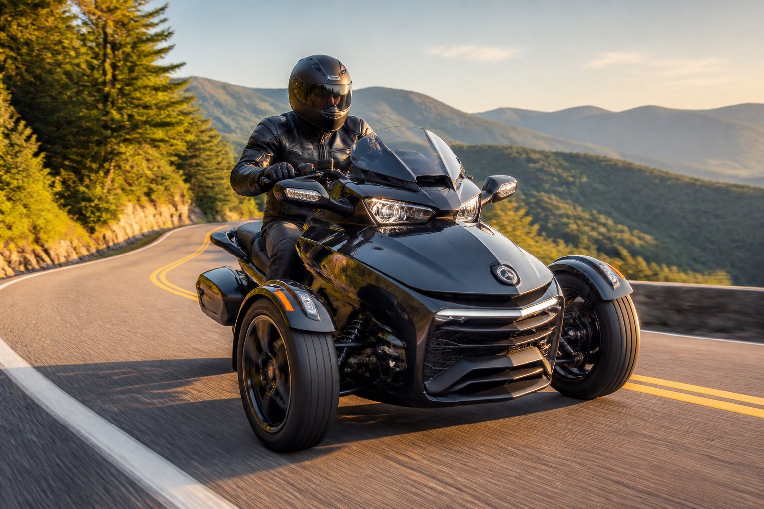 A Can-Am Spyder three-wheeled motorcycle on a winding mountain road with trees and mountains in the background.