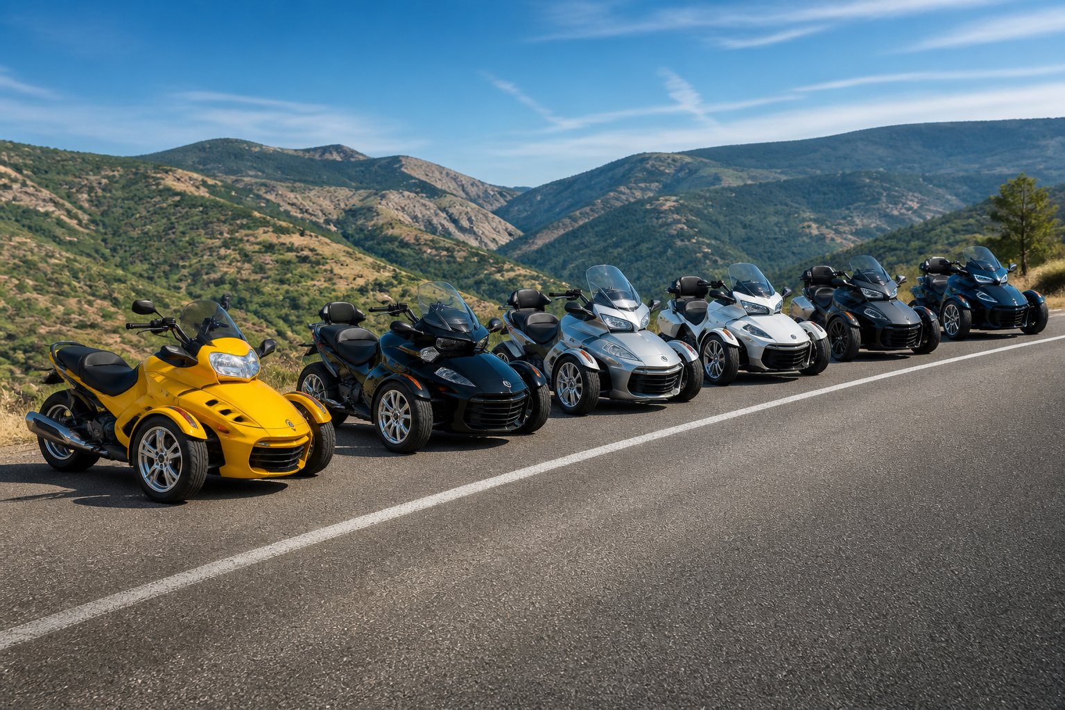 A lineup of Can-Am Spyder vehicles arranged from oldest to newest on an open road with hills and blue sky in the background.