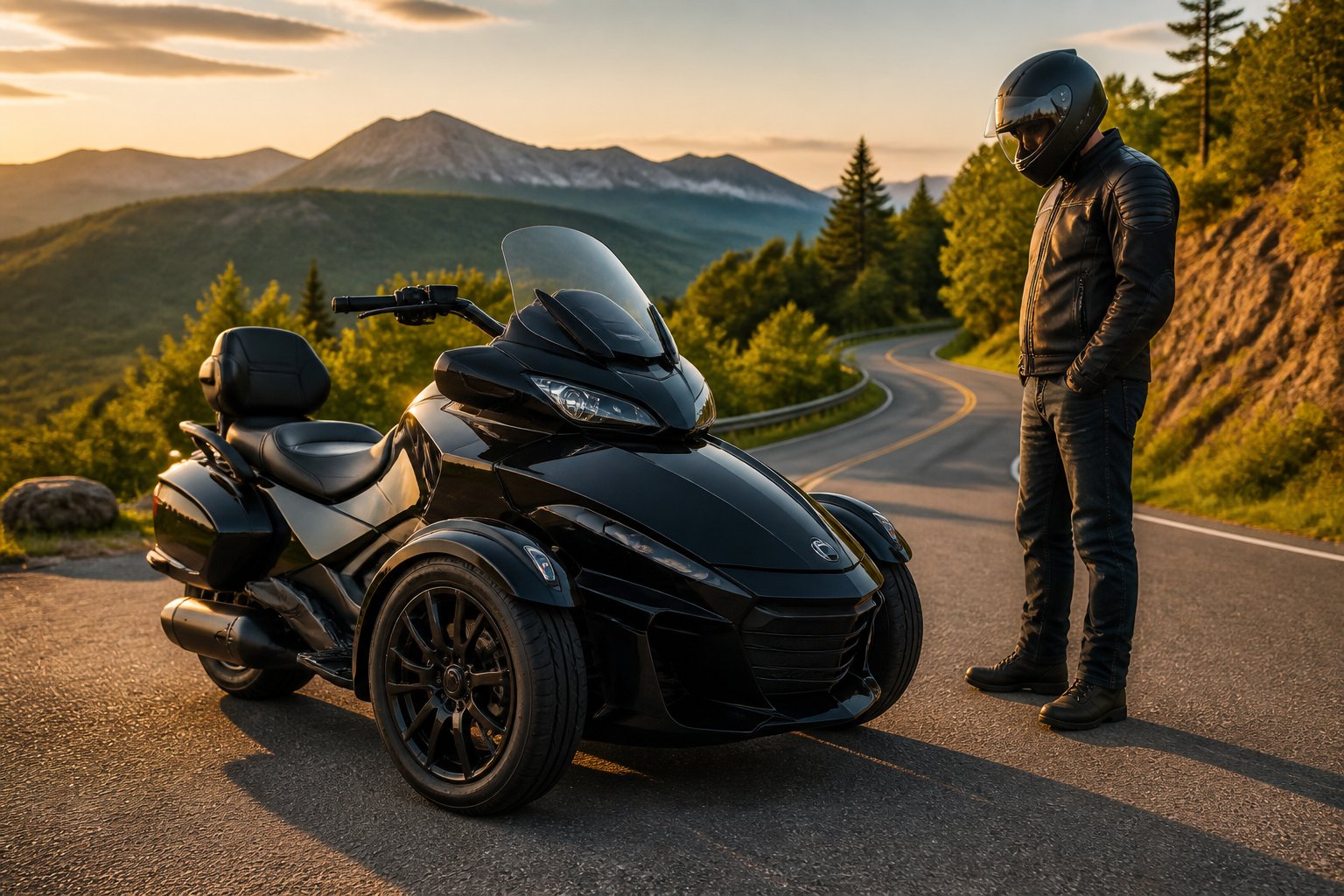 A Can-Am Spyder motorcycle parked on a winding road with a rider standing nearby, surrounded by green hills and mountains.