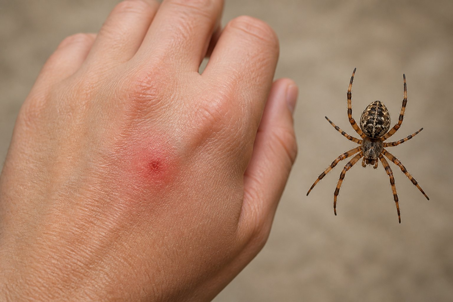 Close-up of a human hand with a small red bite mark and a spider nearby on a blurred background.