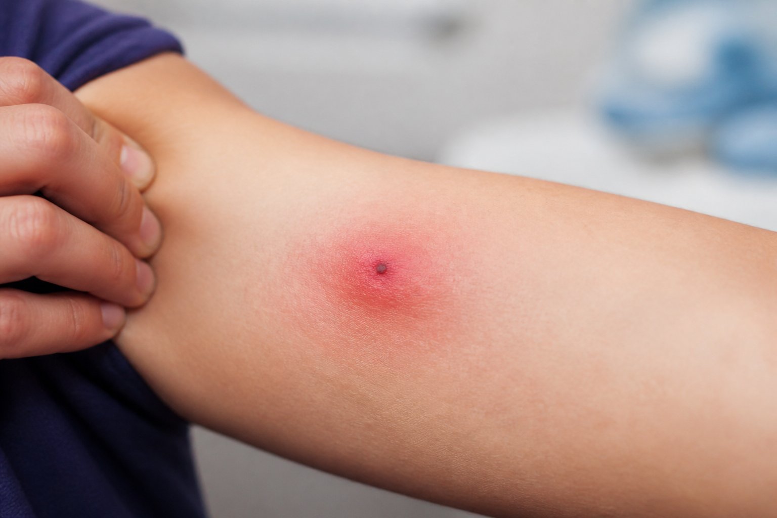 Close-up of a human arm showing a red, swollen spider bite.