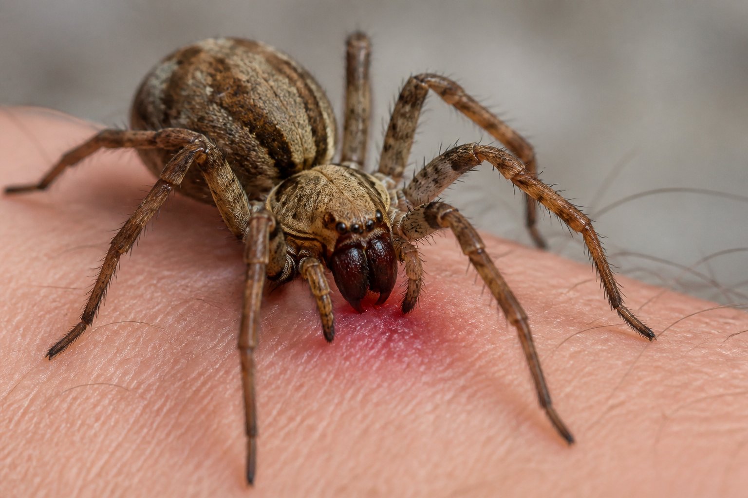 Close-up of a spider biting human skin with visible redness around the bite area.