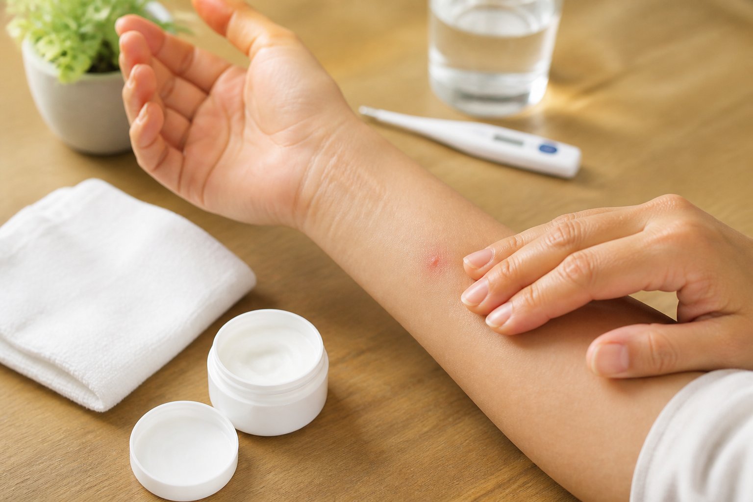 A close-up of a person inspecting a small red bite on their forearm with antiseptic cream and a cloth nearby on a wooden table.