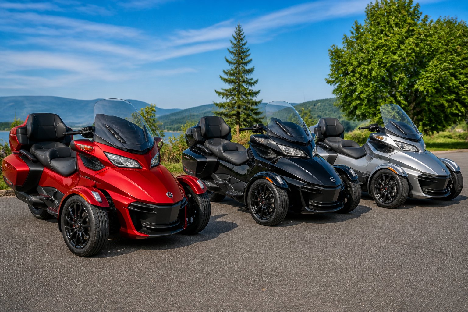 Three Can-Am Spyder three-wheeled motorcycles parked outdoors on a sunny day with trees and hills in the background.