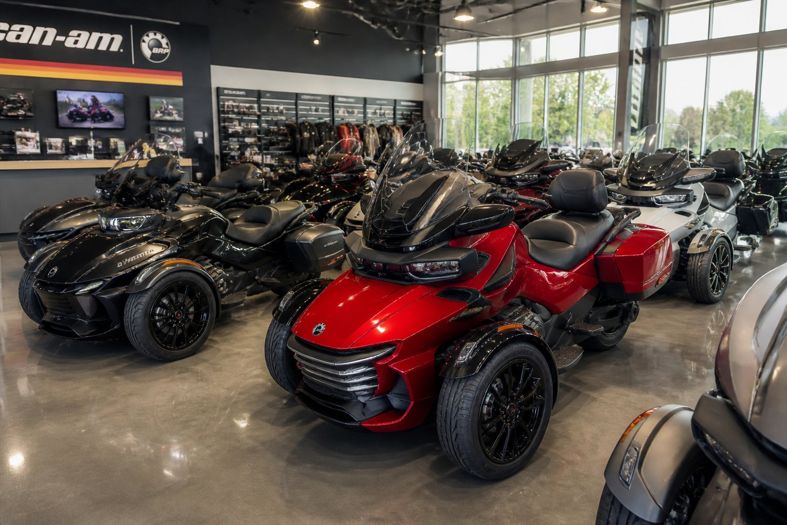Showroom with several Can-Am Spyder three-wheeled motorcycles displayed under bright natural light.