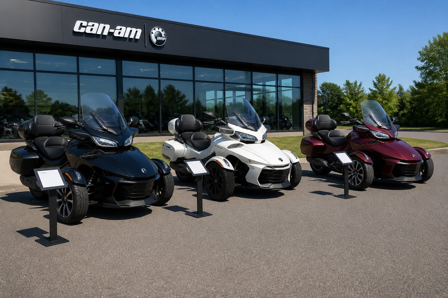 Three Can-Am Spyder vehicles displayed outdoors in different colors and conditions in front of a dealership building under clear sky.