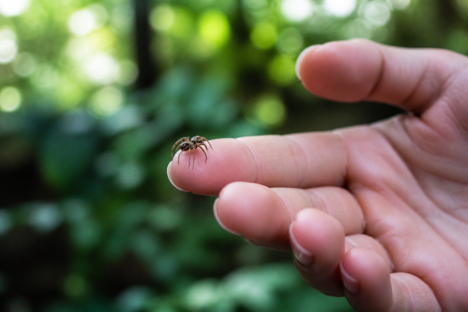 A close-up of a human hand outdoors with a small spider crawling near the fingertips.