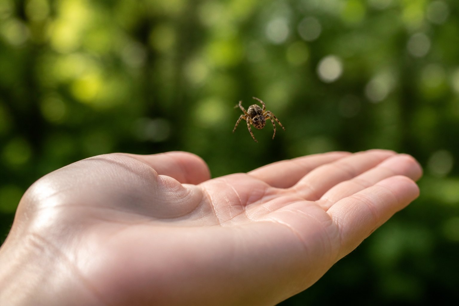 A small spider landing on a person's outstretched hand outdoors with greenery in the background.