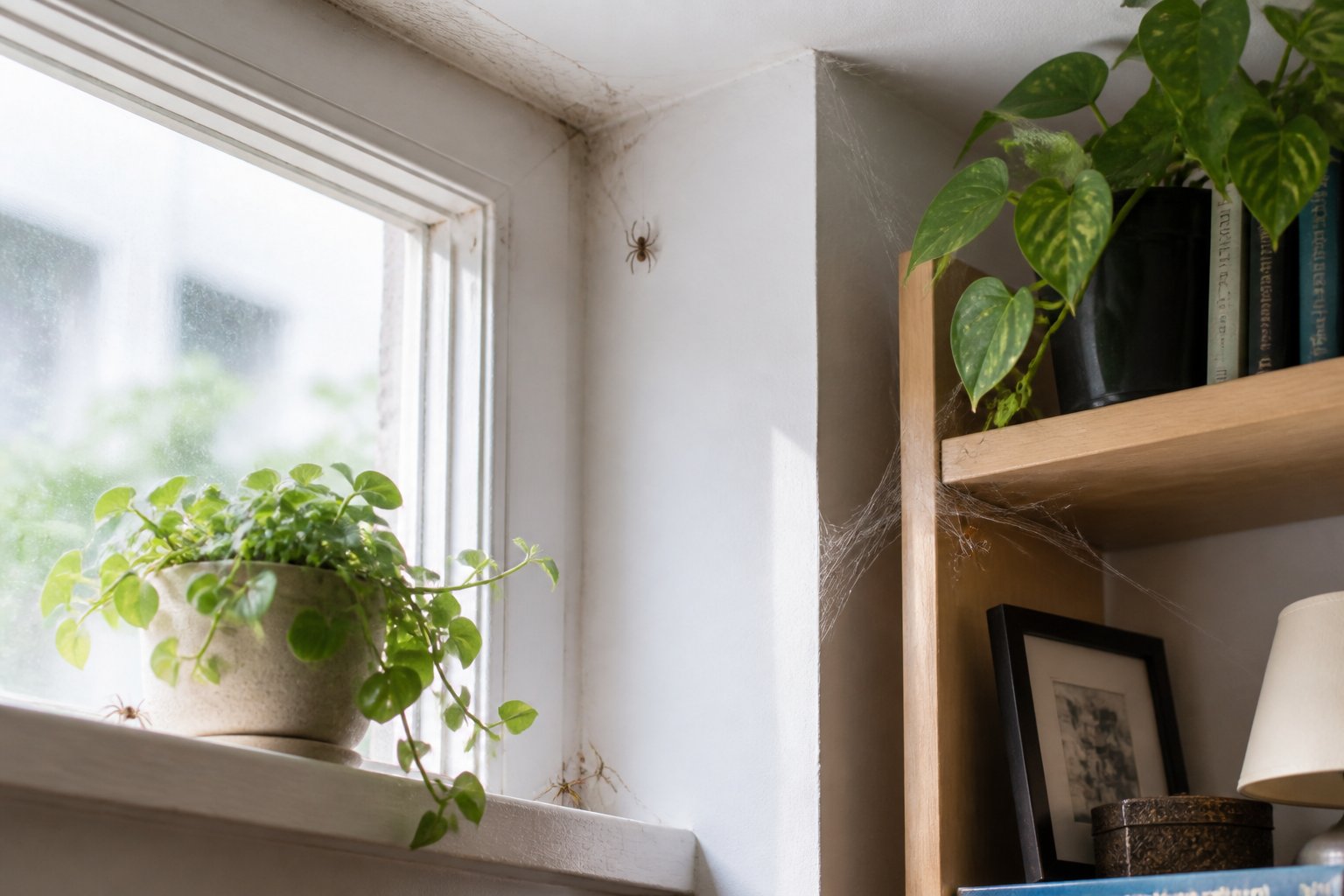 Close-up of a clean indoor corner with small spider webs and a few spiders near a window and plants.