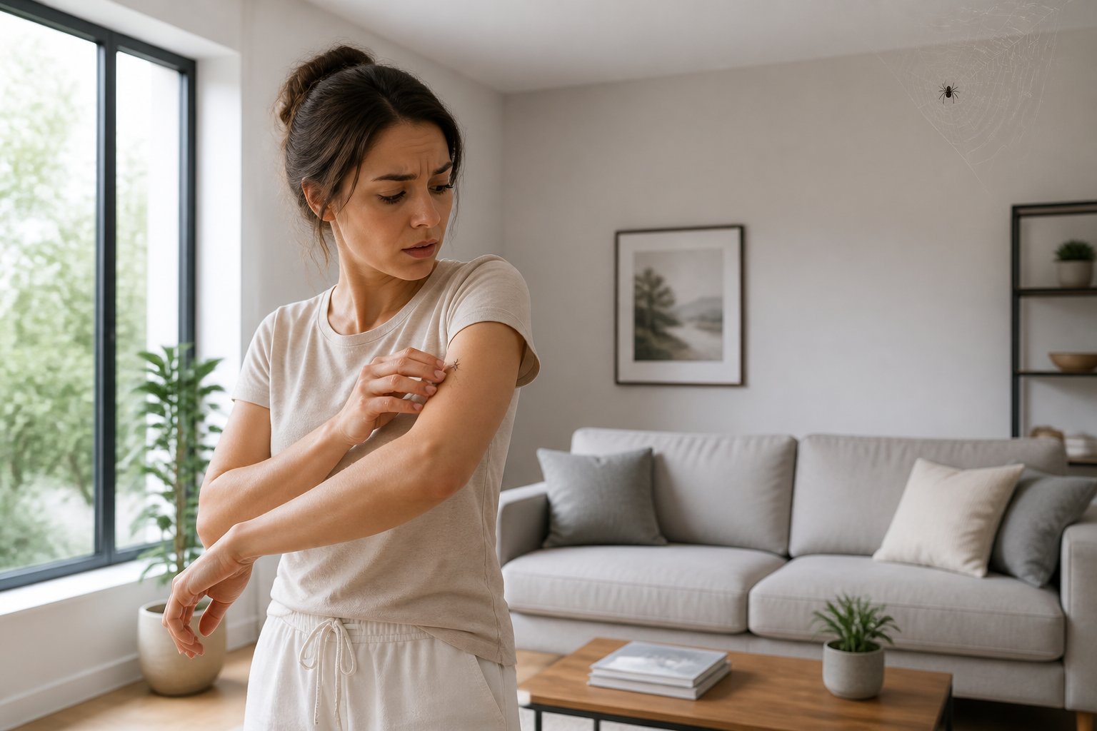 A person gently brushing a spider off their arm in a clean living room with a small spider web in the corner near the ceiling.