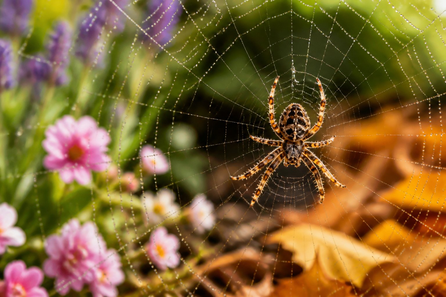 Close-up of a spider on its web with seasonal plants and leaves blurred in the background.