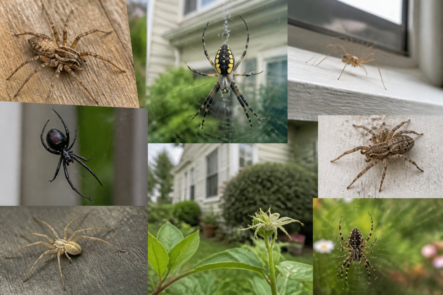 Close-up view of different spiders on wooden surfaces and plants near a house exterior during daylight.
