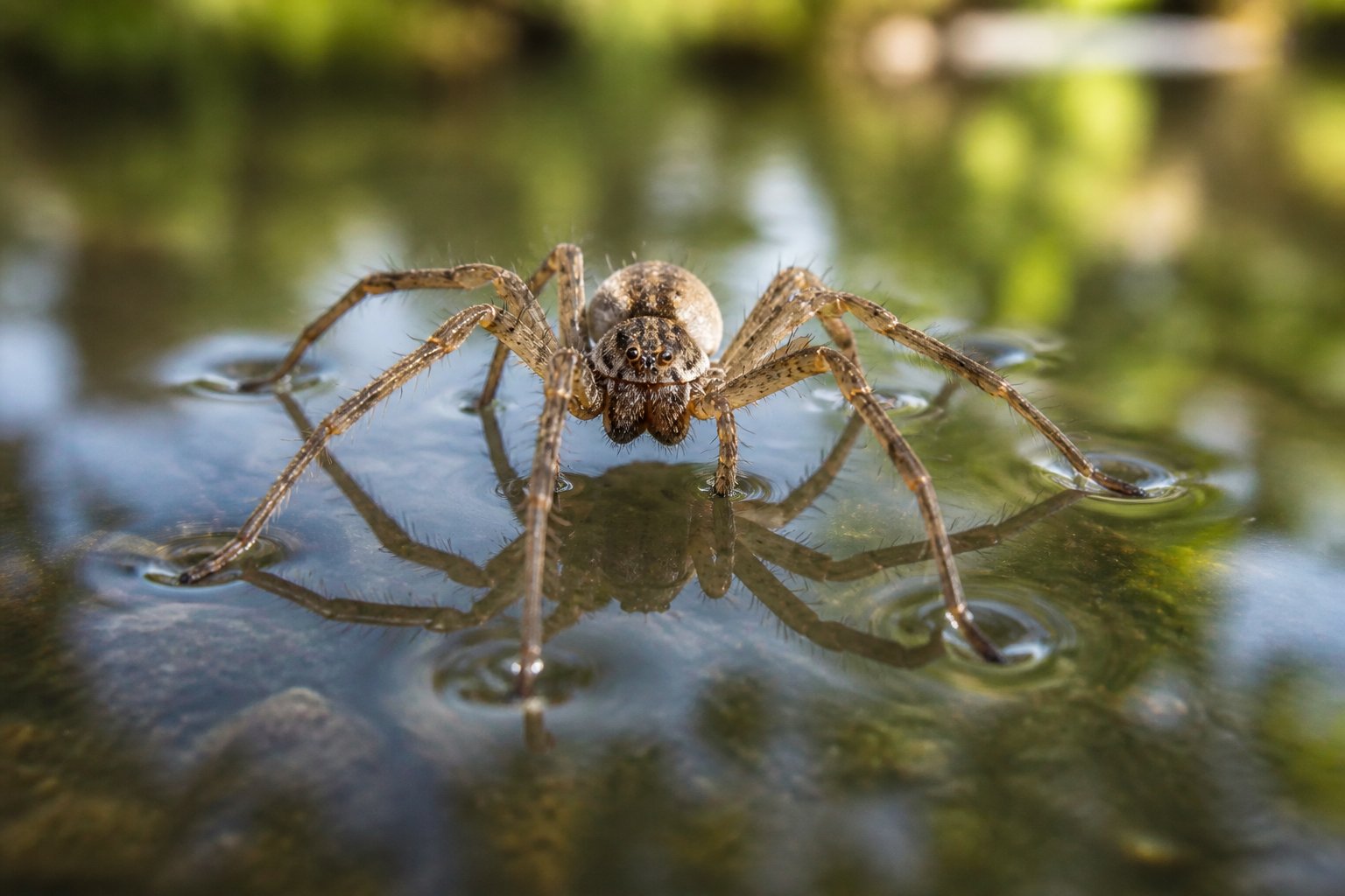 Close-up of a spider walking on the surface of calm water, showing its legs touching the water and creating small ripples.