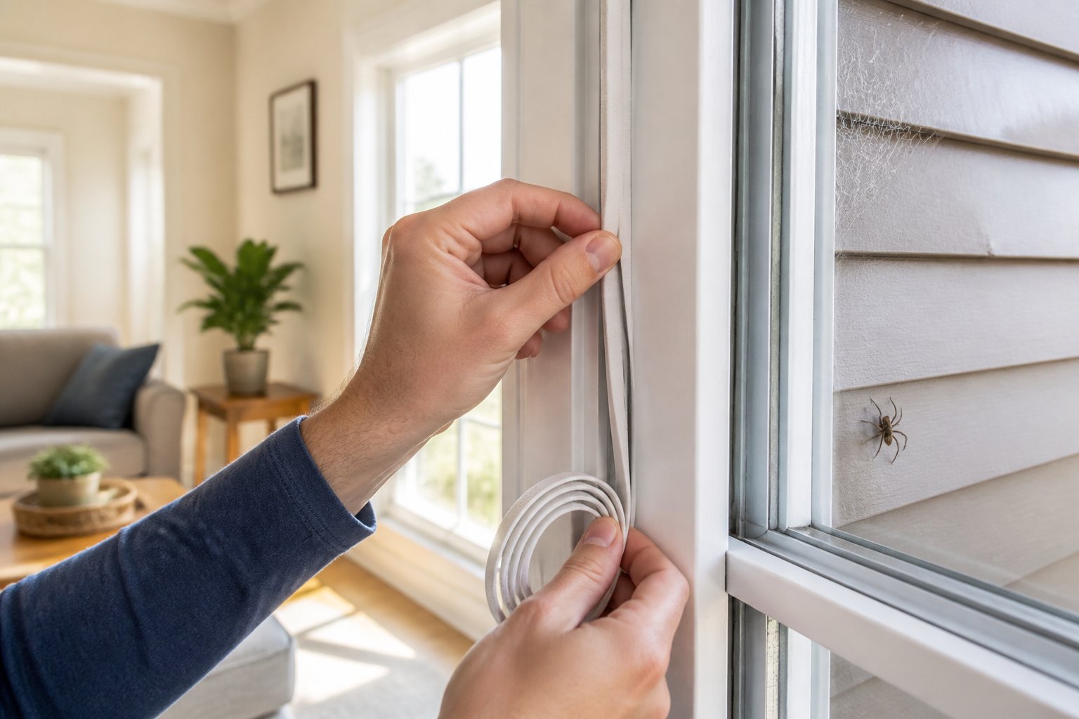 A person sealing a window frame inside a bright living room while a spider is visible outside on the wall.