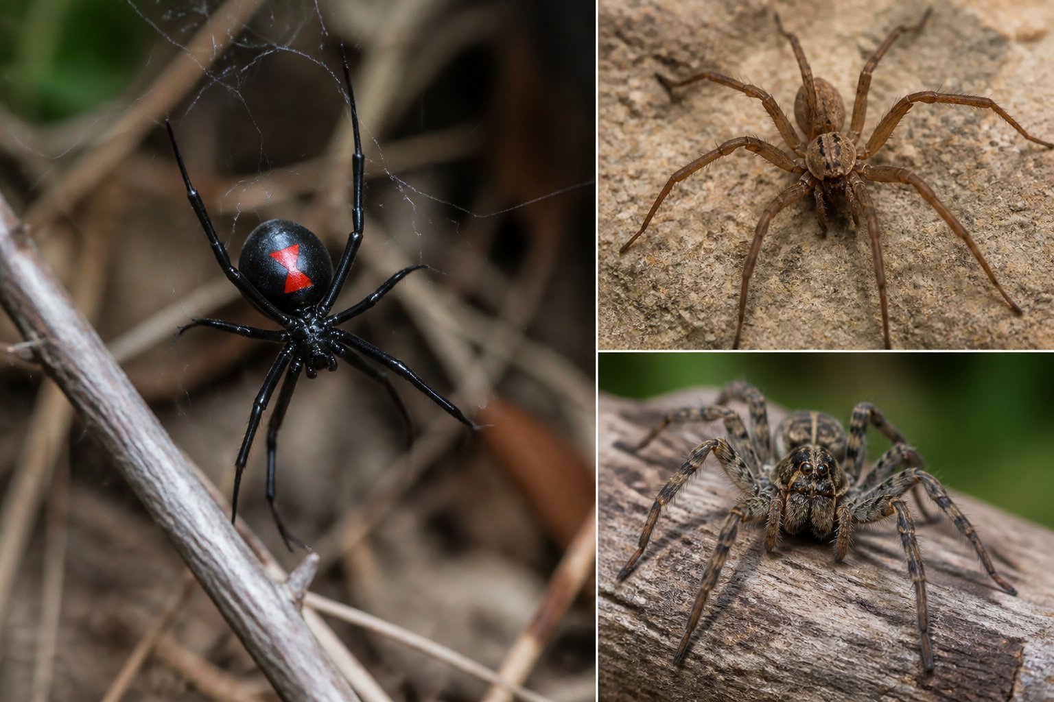 Close-up of several different spider species on webs and natural surfaces, including black widow, brown recluse, and wolf spider.