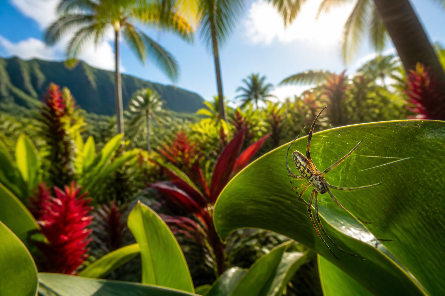 Close-up of a spider on a leaf in a tropical Hawaiian forest with palm trees and sunlight in the background.