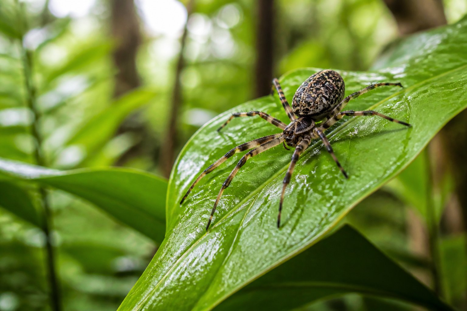 Close-up of a spider on a green tropical leaf in a lush Hawaiian rainforest.