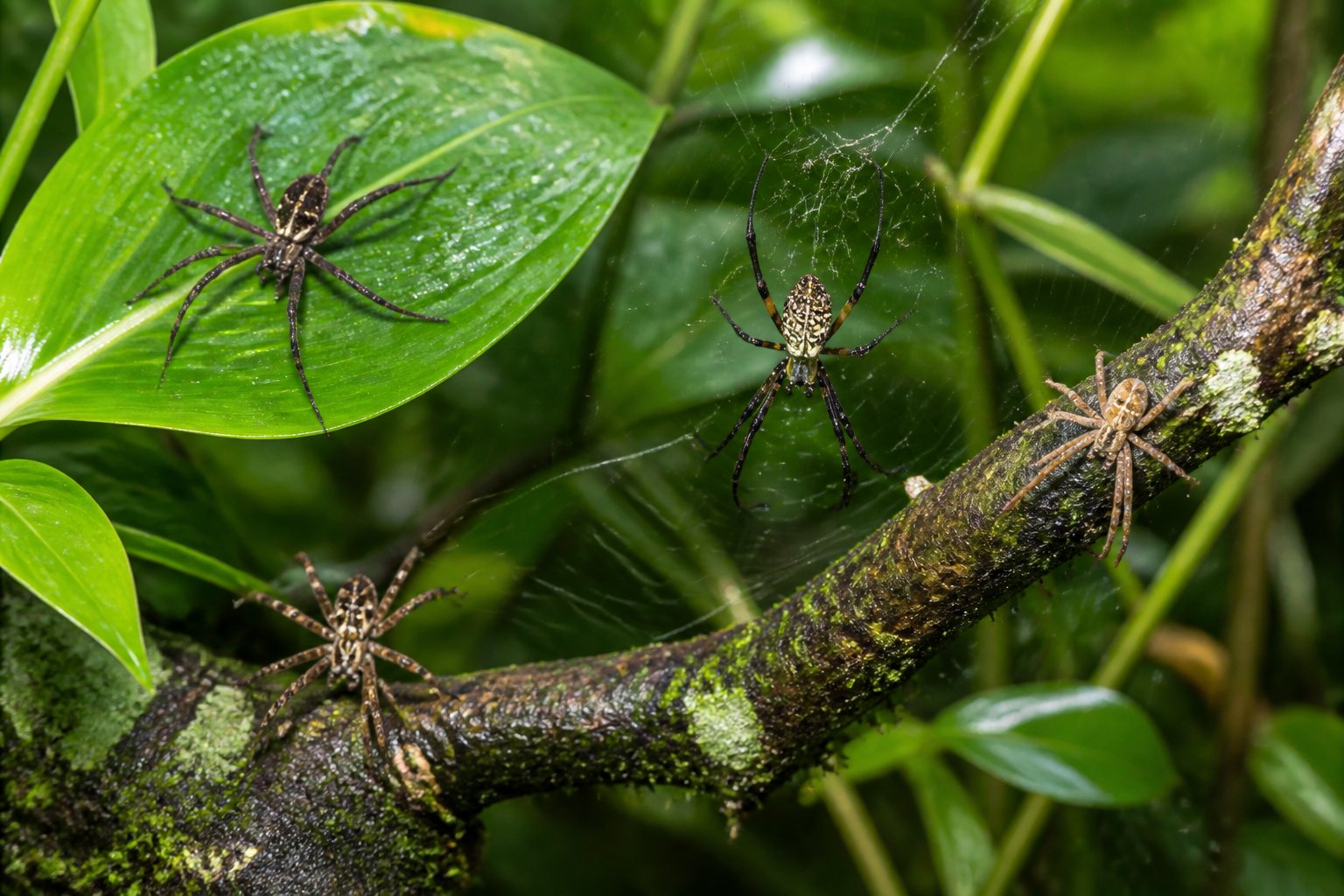 Close-up of several spiders on green tropical leaves and branches in a natural outdoor setting.