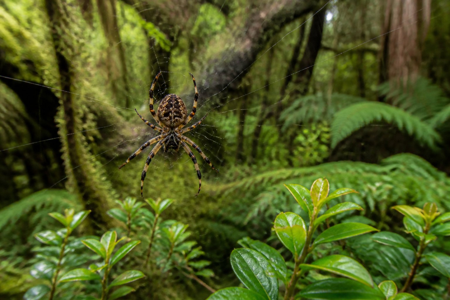Close-up of a native New Zealand spider on its web among green leaves in a forest setting.