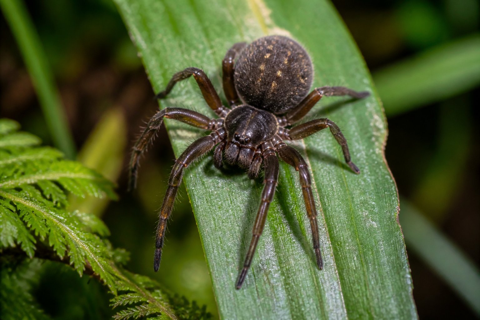 Close-up of a native New Zealand spider on a green leaf surrounded by forest plants.