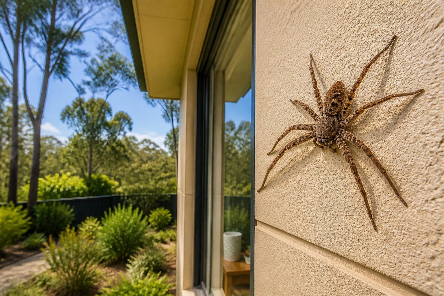 Close-up of a huntsman spider on the wall of an Australian suburban home with native plants and trees in the background.