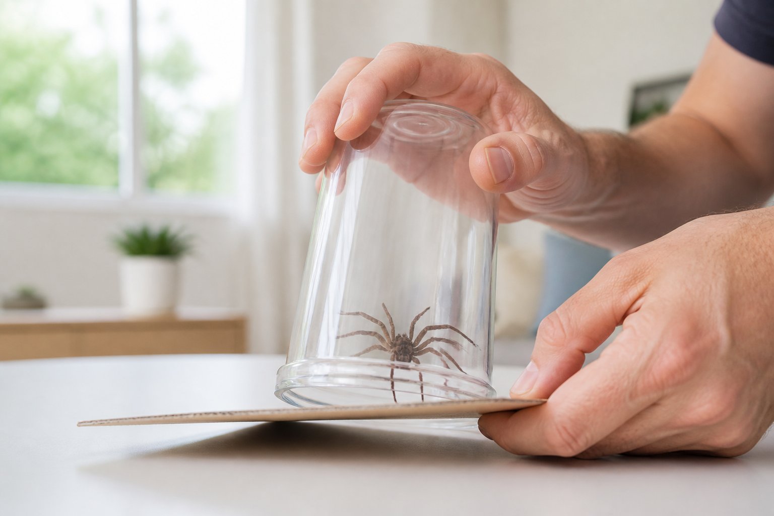 A person safely capturing a huntsman spider inside a clear container in a bright living room.