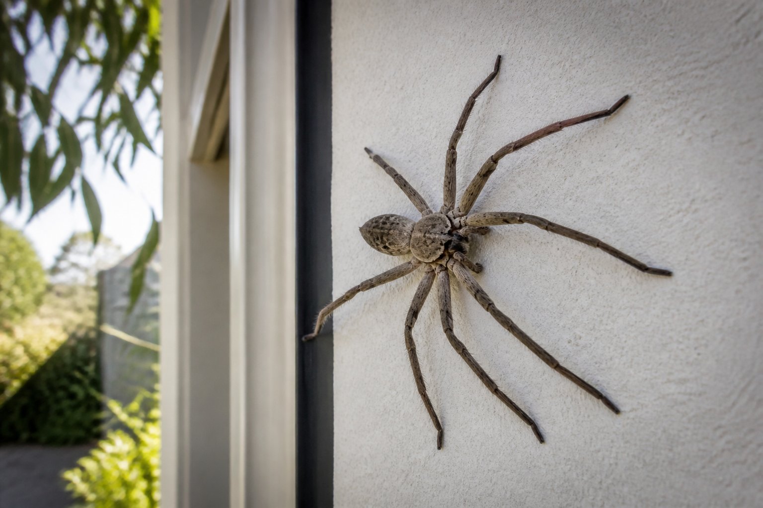 A large Huntsman spider on the outside wall of an Australian house near a window during the day.