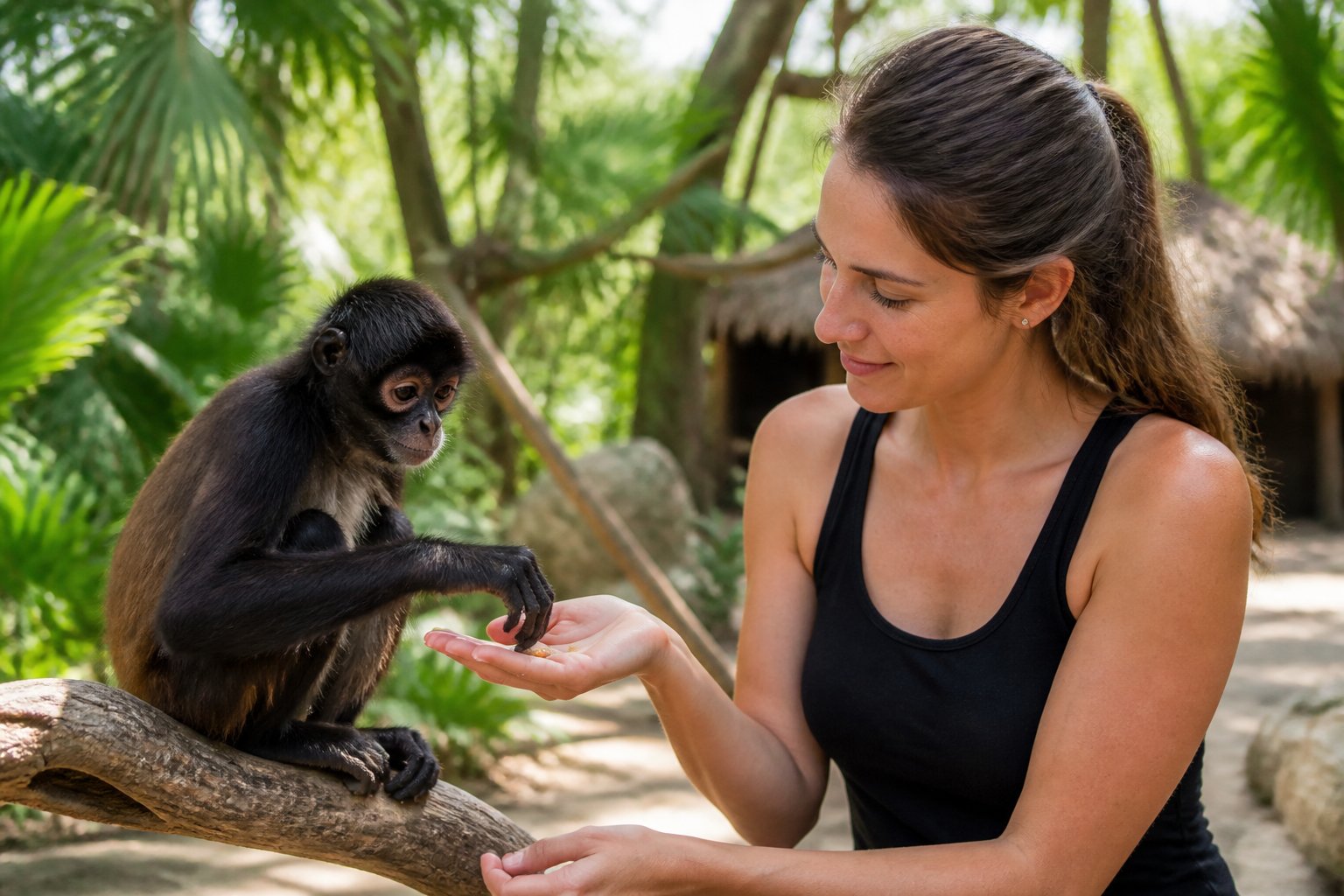 A person gently interacting with a spider monkey outdoors in a green, natural setting.