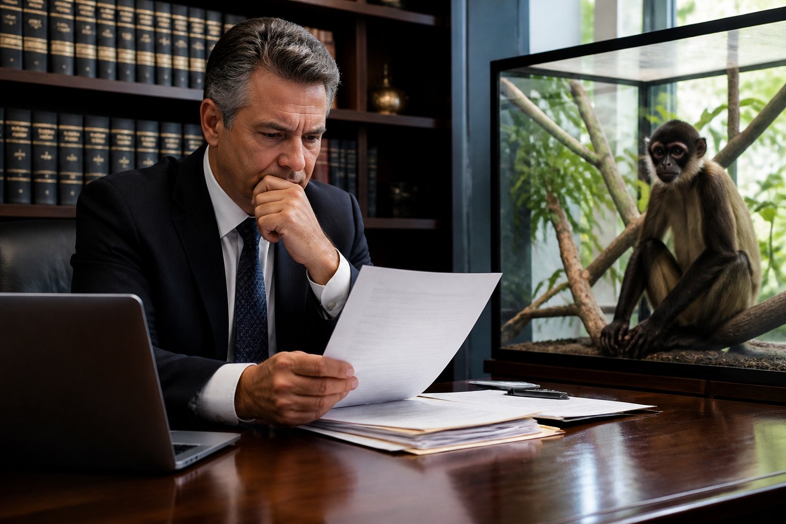 A lawyer in an office reviewing documents while a small spider monkey sits inside an indoor enclosure nearby.