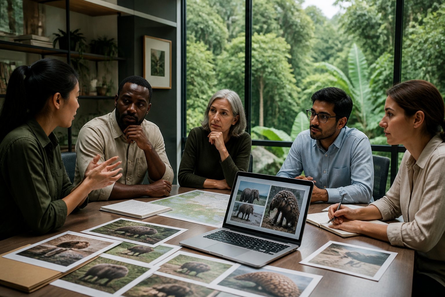 A diverse group of people having a serious discussion around a conference table with documents and a laptop, with a green forest visible through a window in the background.