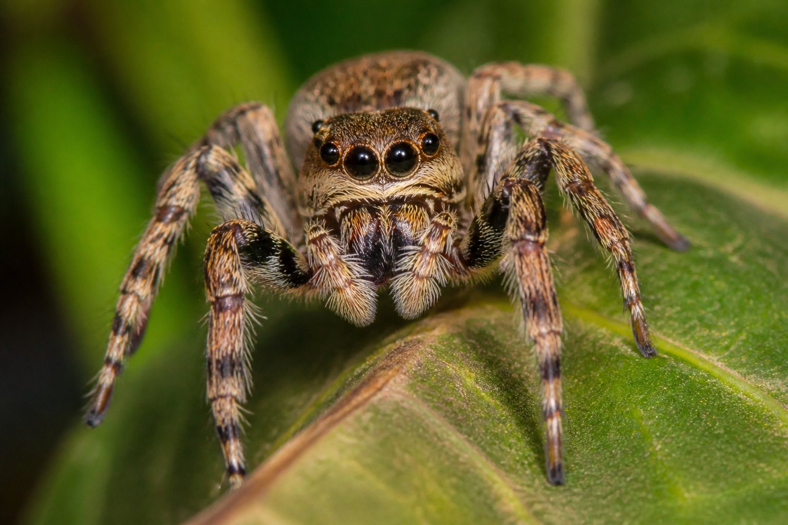 Close-up of a spider on a leaf with eight legs and detailed body features against a blurred green background.