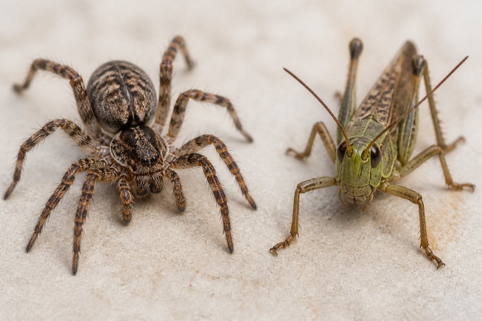 Close-up of a spider and an insect side by side showing their different number of legs and body shapes.