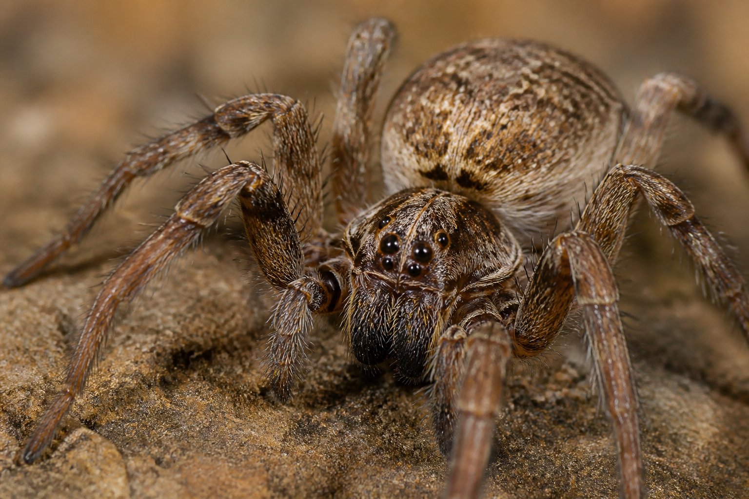 Close-up view of a spider showing its two body segments, eight legs, and multiple eyes against a blurred natural background.
