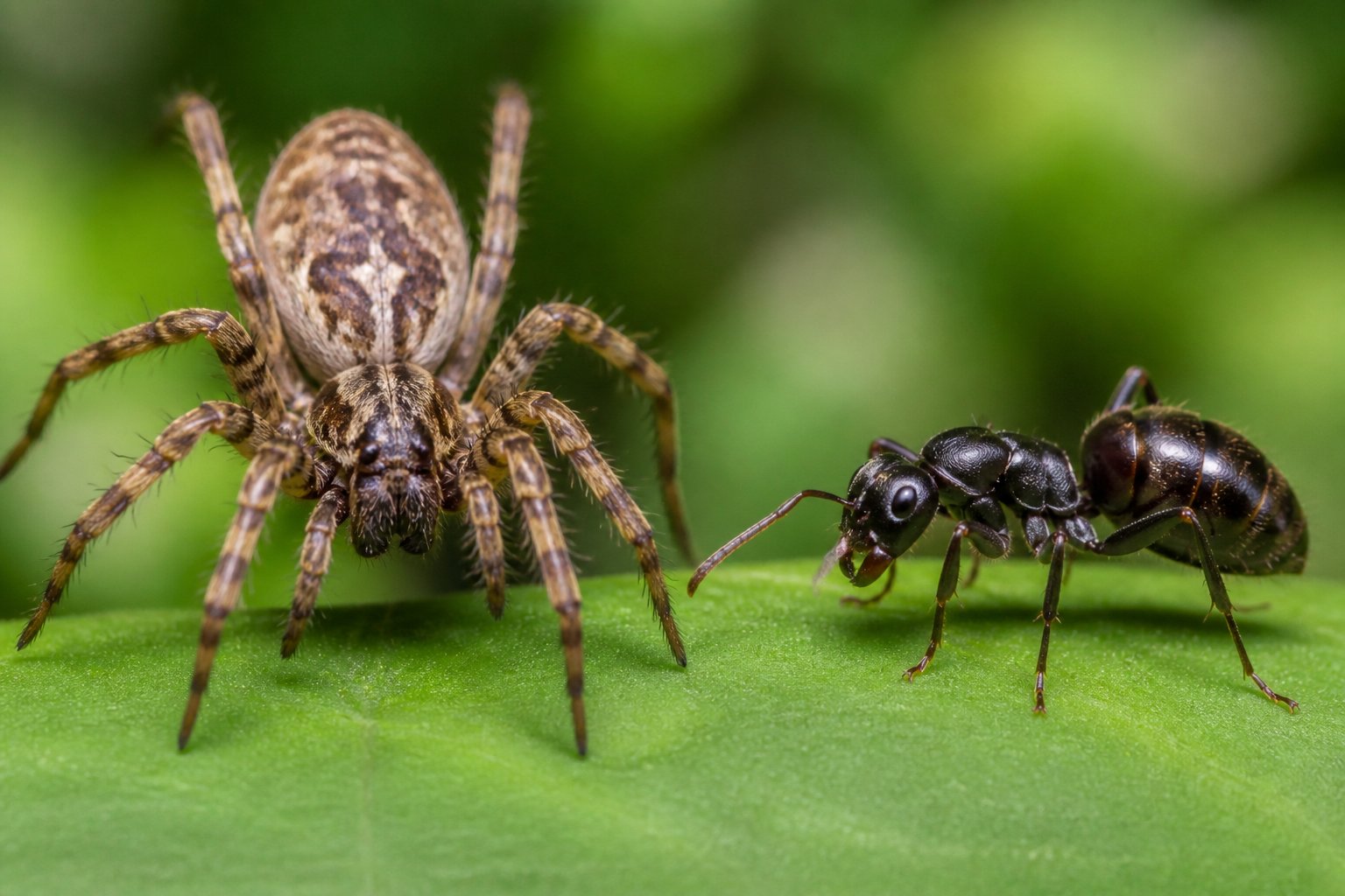 Close-up of a spider and an insect side by side on a natural background showing their different body structures.