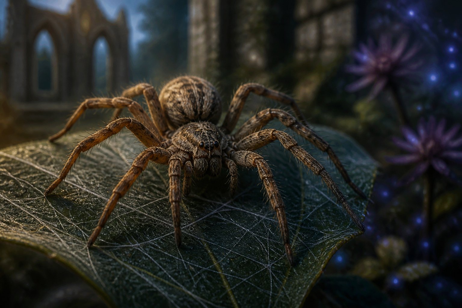 Close-up of a spider with eight legs on a leaf, set against a softly blurred natural background with faint magical elements.