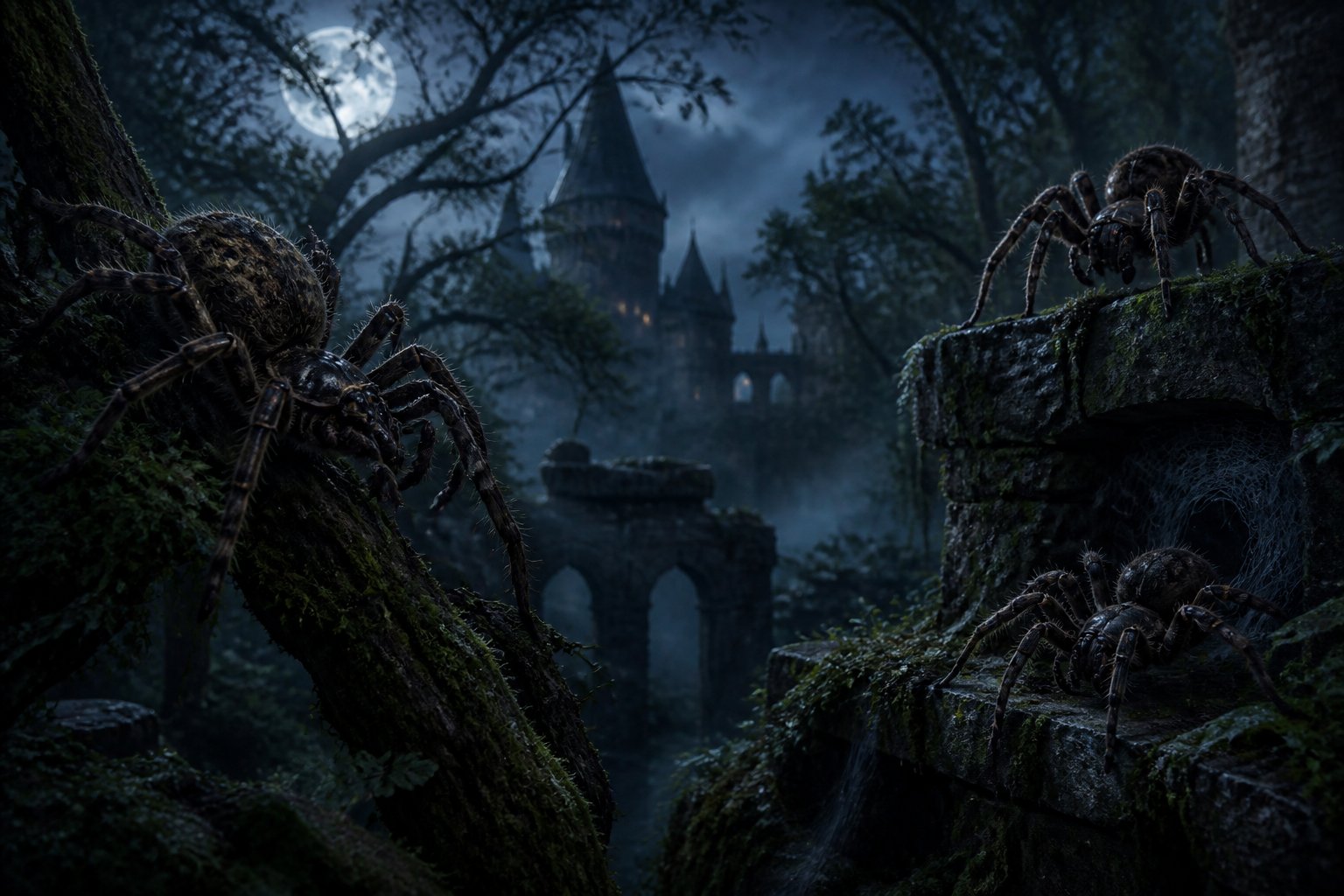 Several large spiders crawling on mossy tree branches near ancient stone ruins with a gothic castle tower visible in the misty background.