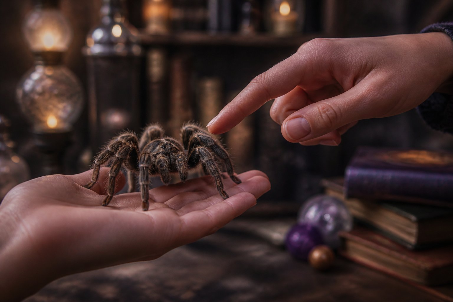 A close-up of a person gently holding a spider indoors with a softly lit background suggesting a magical setting.