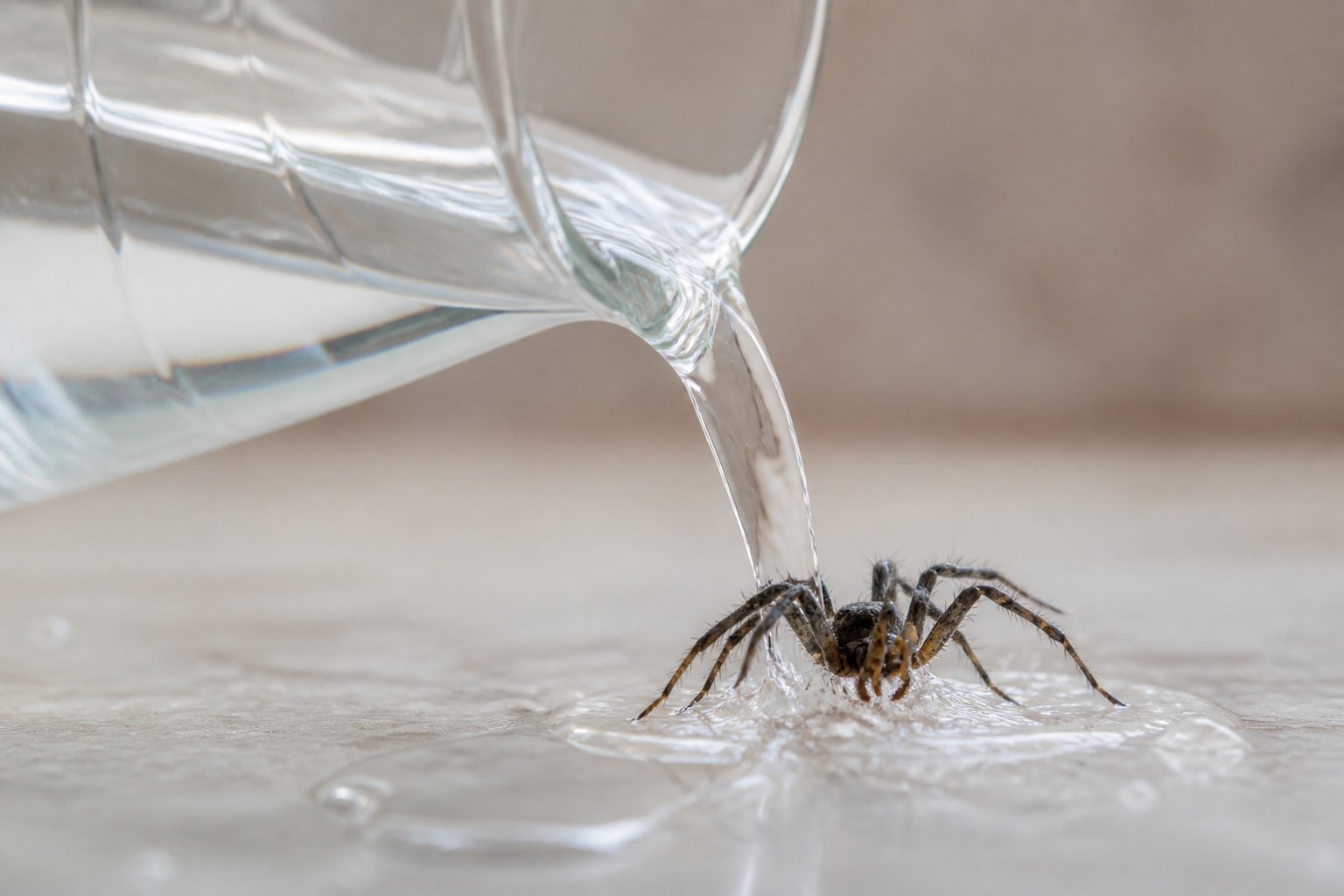 Close-up of a small spider on a surface with clear water being poured onto it from a glass.