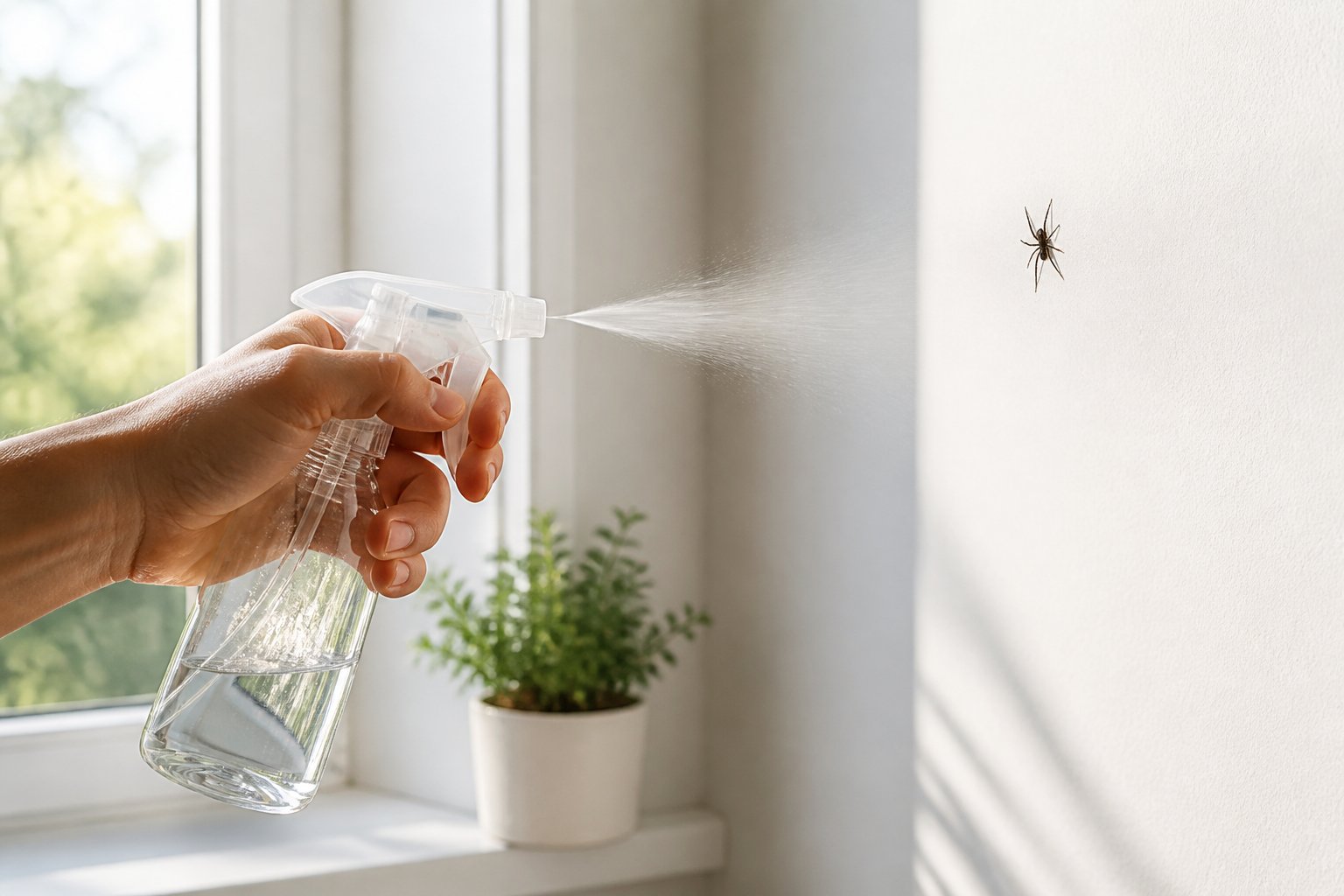 A person gently spraying water from a spray bottle at a small spider on a white indoor wall near a window.