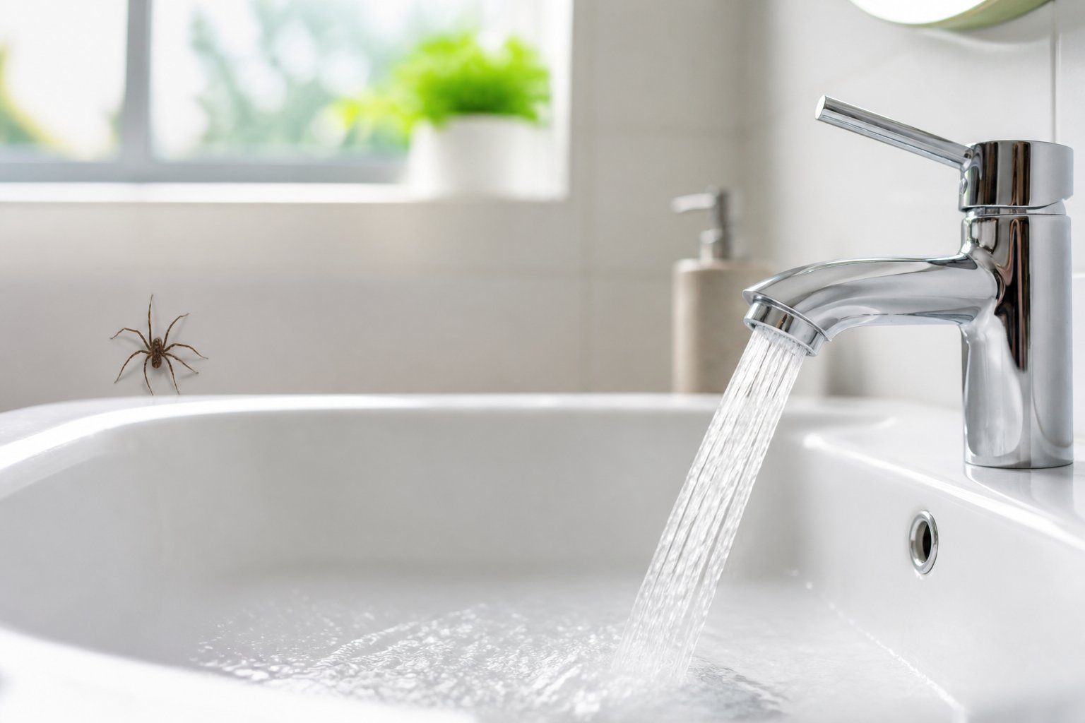 Close-up of a bathroom sink with water flowing from the faucet near a small spider on the sink surface.