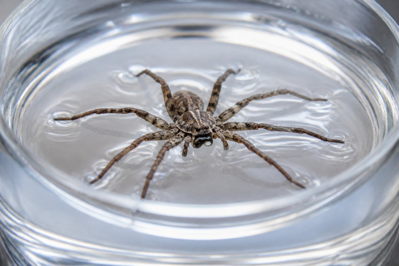 A small spider partially submerged in clear water inside a glass container with gentle ripples around it.